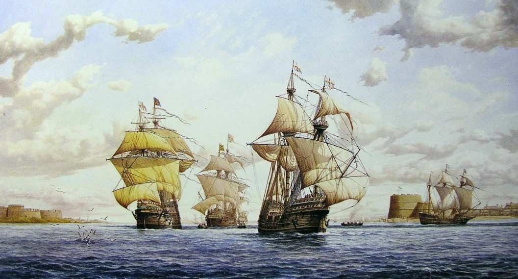 El Mary Rose saliendo de Portsmouth — 19 de julio de 1545, obra de Peter G. Power