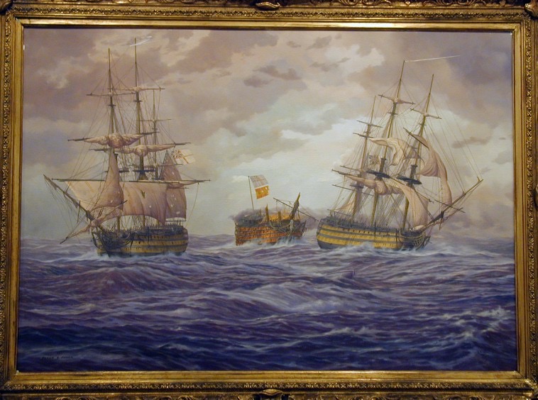 El hundimiento del Santísima Trinidad, óleo en su marco dorado