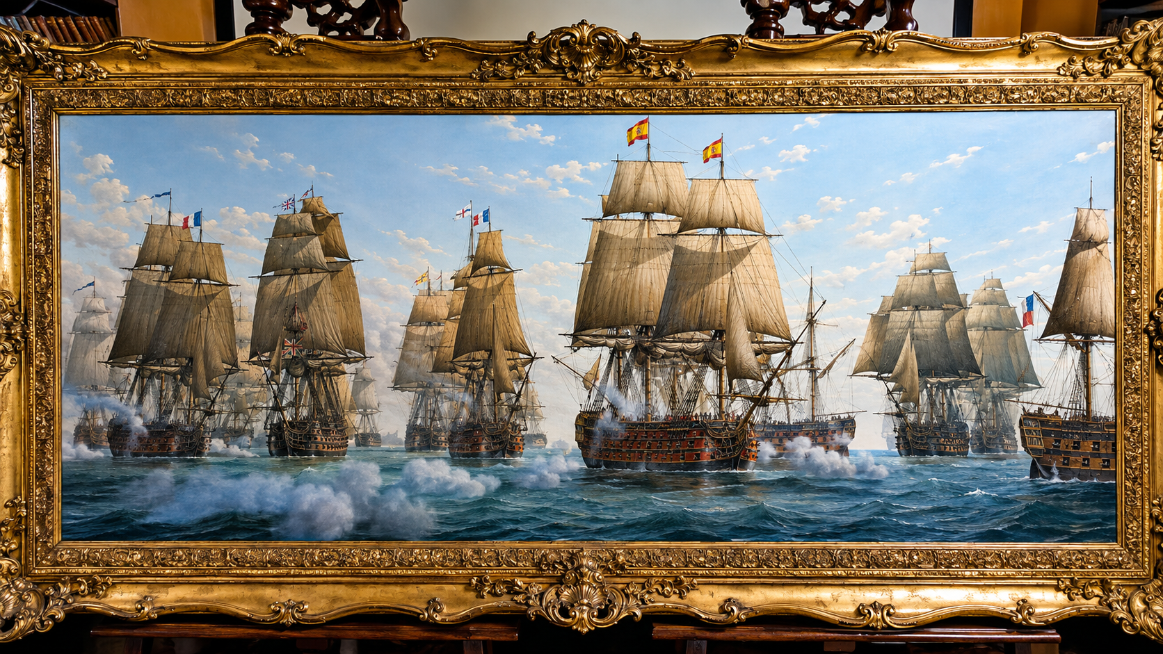 Trafalgar, 21 de octubre de 1805, óleo de Peter G. Power en su marco dorado tallado
