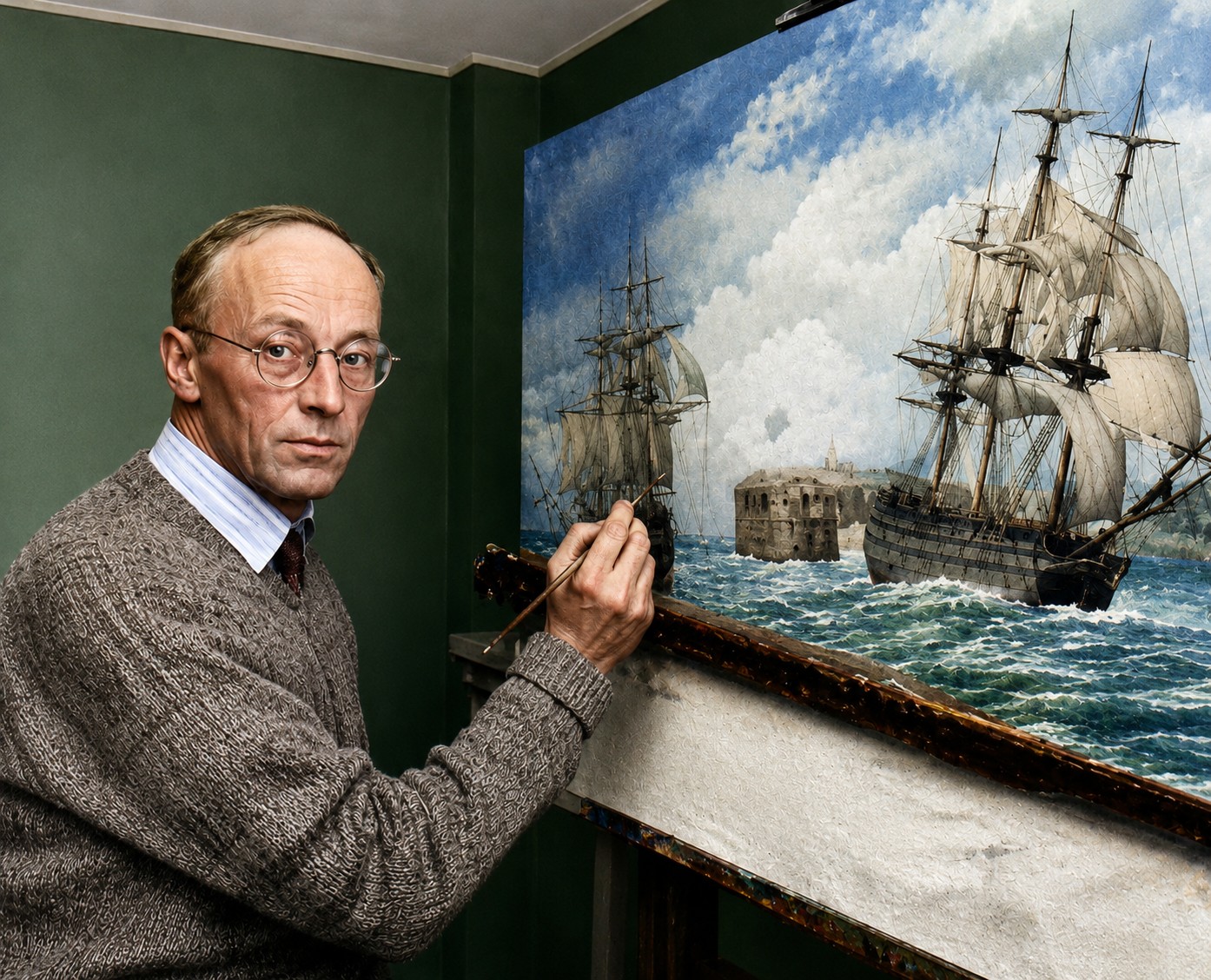 Fotografía en blanco y negro de Peter G. Power pintando uno de sus cuadros de la batalla de Trafalgar en el caballete de su taller.