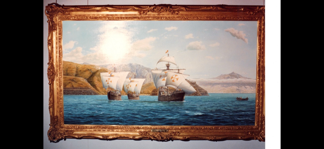 El descubrimiento de América · Salida de La Gomera, óleo en su marco dorado
