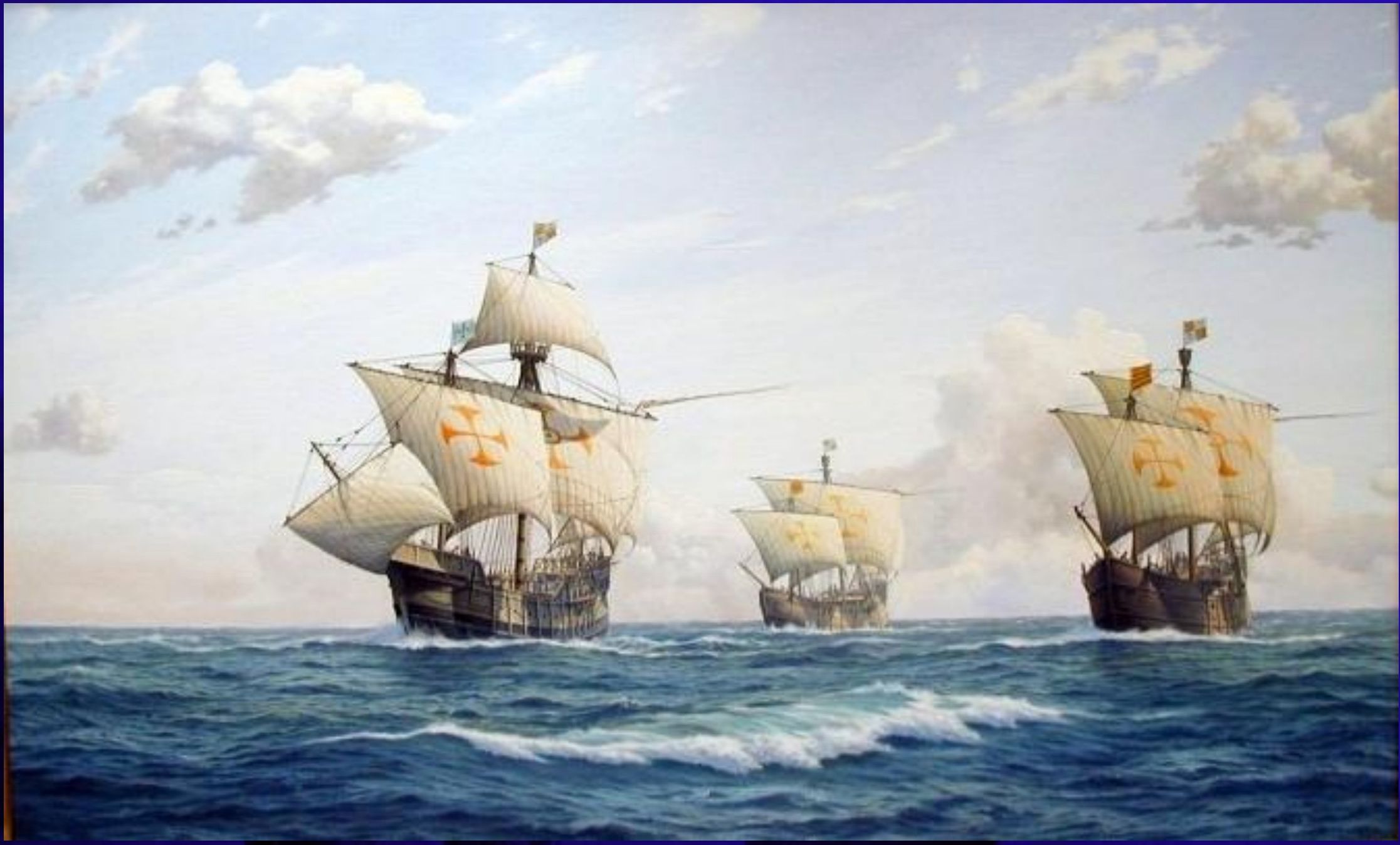 Las tres carabelas en mar abierto, óleo de Peter G. Power
