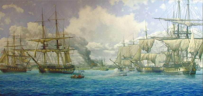 Reproducción del lienzo sin marco: navíos españoles fondeados en la bahía de Pensacola, lanchas de desembarco y el humo de la artillería sobre el fuerte